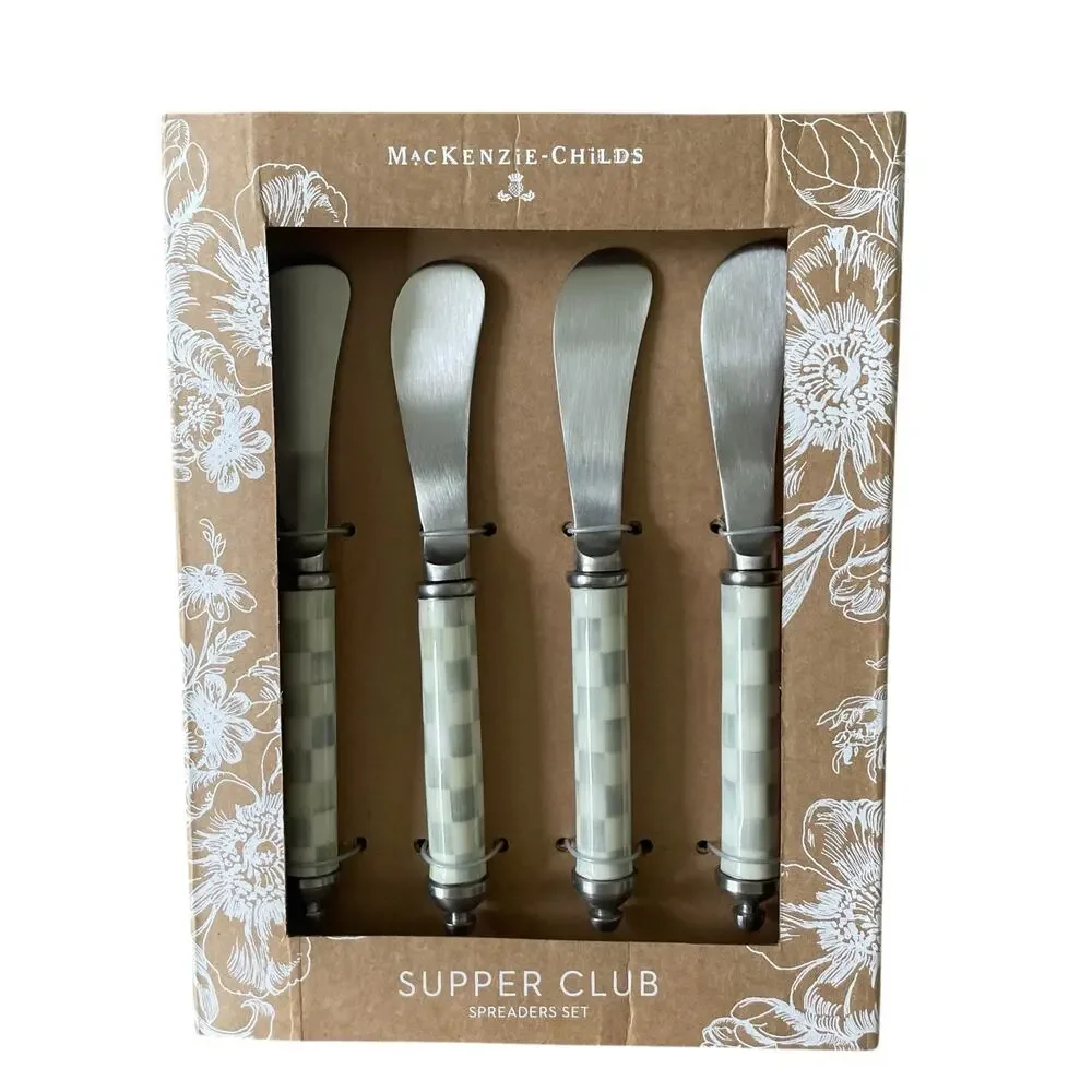 Brand New Mackenzie-Childs Sterling Check Supper Club Spreaders Set